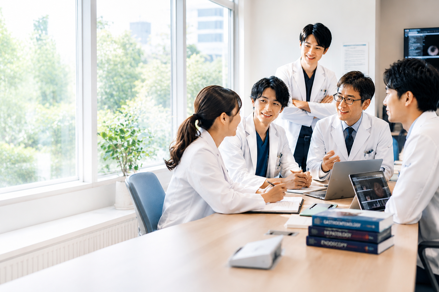 横浜市立大学 消化器内科学教室の医局員がカンファレンスで相談している様子